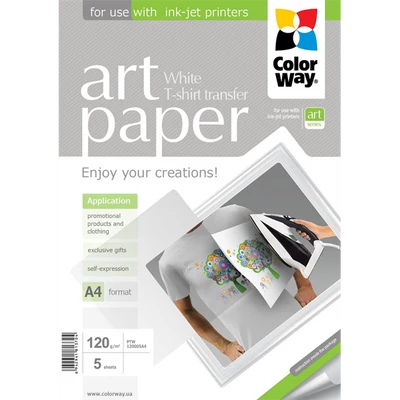 COLORWAY Fotópapír, pólóra vasalható (ART T-shirt transfer, white), 120 g/m2, A4, 5 lap
