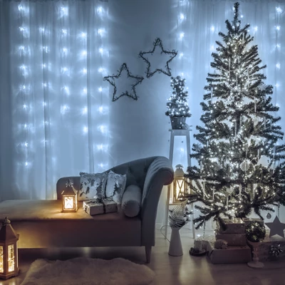 Fényfüggöny, 200 db LED, hidegfehér, hálózati, IP44, 4,2 m, 8 program