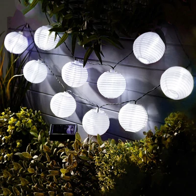 Szolár lampion fényfüzér, 10 db fehér lampion, hidegfehér LED, 2,5 m