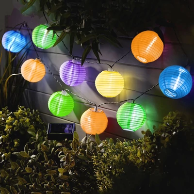 Szolár lampion fényfüzér, 10 db színes lampion, hidegfehér LED, 2,5 m