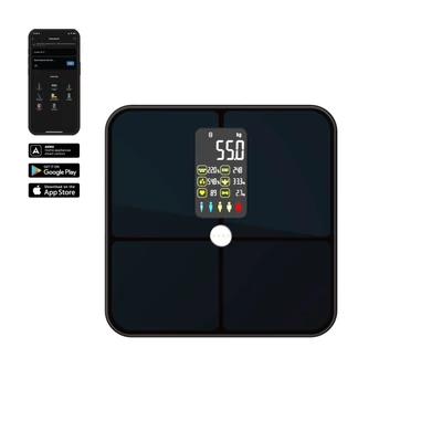 AENO ABS0002S BS2S testmérleg, 180 kg-ig terhelhető, SMART funkciók, profilok, BMI index elemzés, színes kijelző