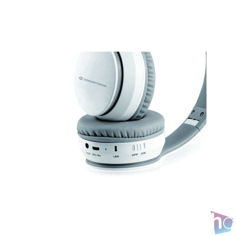 Conceptronic Bluetooth Fejhallgató - PARRIS01W (BT5.0, 350 mAh, mikrofon, FM Rádió, 3,5 mm Jack, MicroSD, fehér)