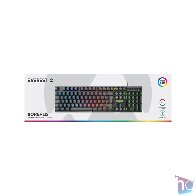 Everest Gamer Billentyűzet - KB-188 Borealis Rainbow (N-key, USB, fekete, magyar, RGB LED)