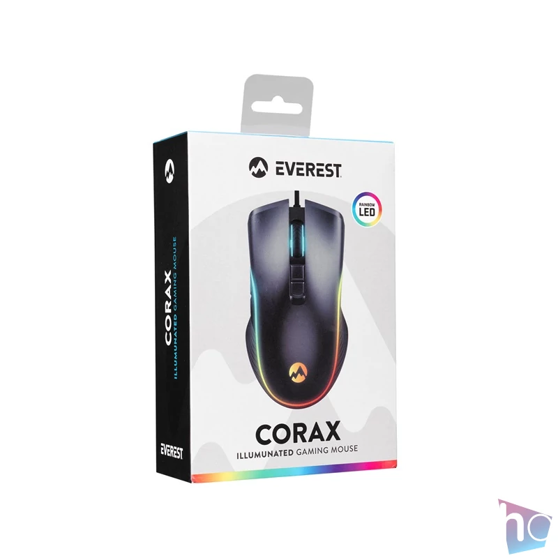 Everest Gamer Egér - SM-G56 CORAX  (7200 DPI, 7gomb, 1,5m harisnyázott kábel,optikai, fekete, RGB LED)