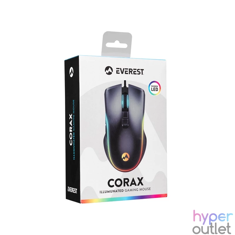 Everest Gamer Egér - SM-G56 CORAX  (7200 DPI, 7gomb, 1,5m harisnyázott kábel,optikai, fekete, RGB LED)