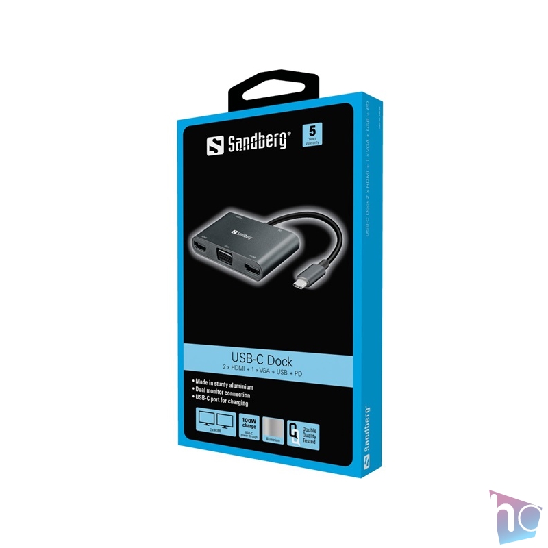 Sandberg Notebook Dokkoló - USB-C Dock (USB-C bemenet; 2xHDMI+USB-A3.0+1xVGA kimenet)