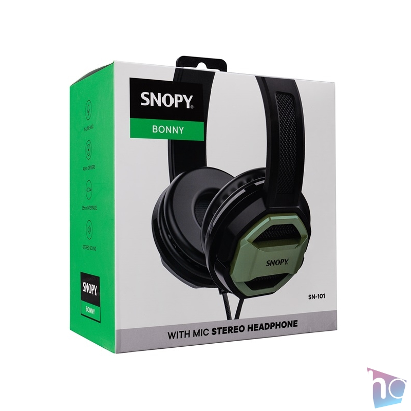 Snopy Fejhallgató - SN-101 BONNY Green (stereo, mikrofon, 3.5mm jack, hangerőszabályzó, 1m kábel, fekete-zöld)