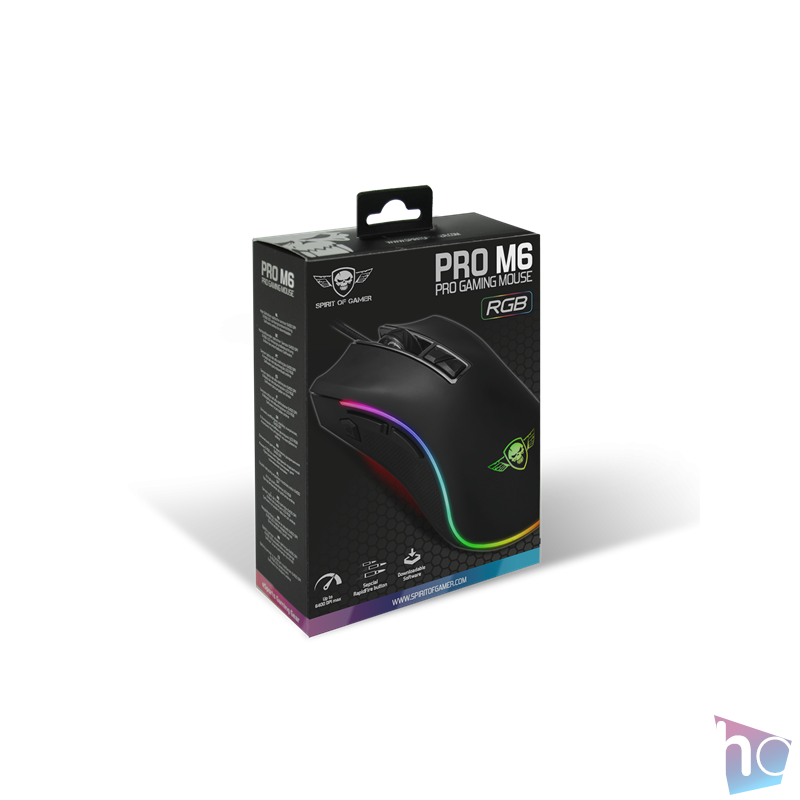 Spirit of Gamer Egér - PRO-M6 RGB (4800DPI, 500Hz, 8 programozható gomb, RGB LED, 1,8 m harisnyázott kábel, fekete)